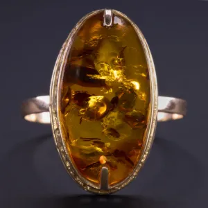 VINTAGE AMBER CABOCHON COCKTAIL RING OVAL SHAPE 14k ROSE GOLD ESTATE JEWELRY