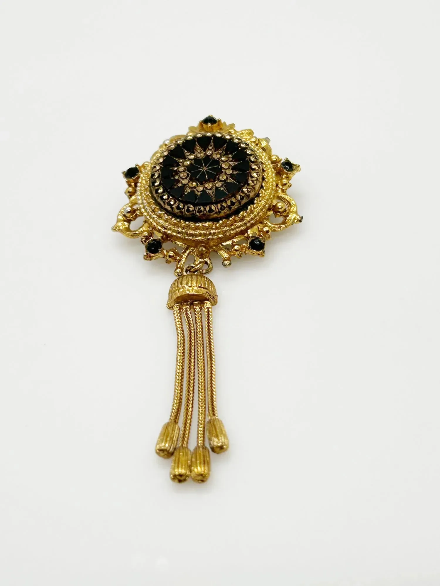 Vintage Denise Moroccan Style Gold Tone and Carved Black Glass Brooch