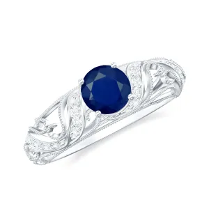 Vintage Inspired Blue Sapphire Engagement Ring with Diamond