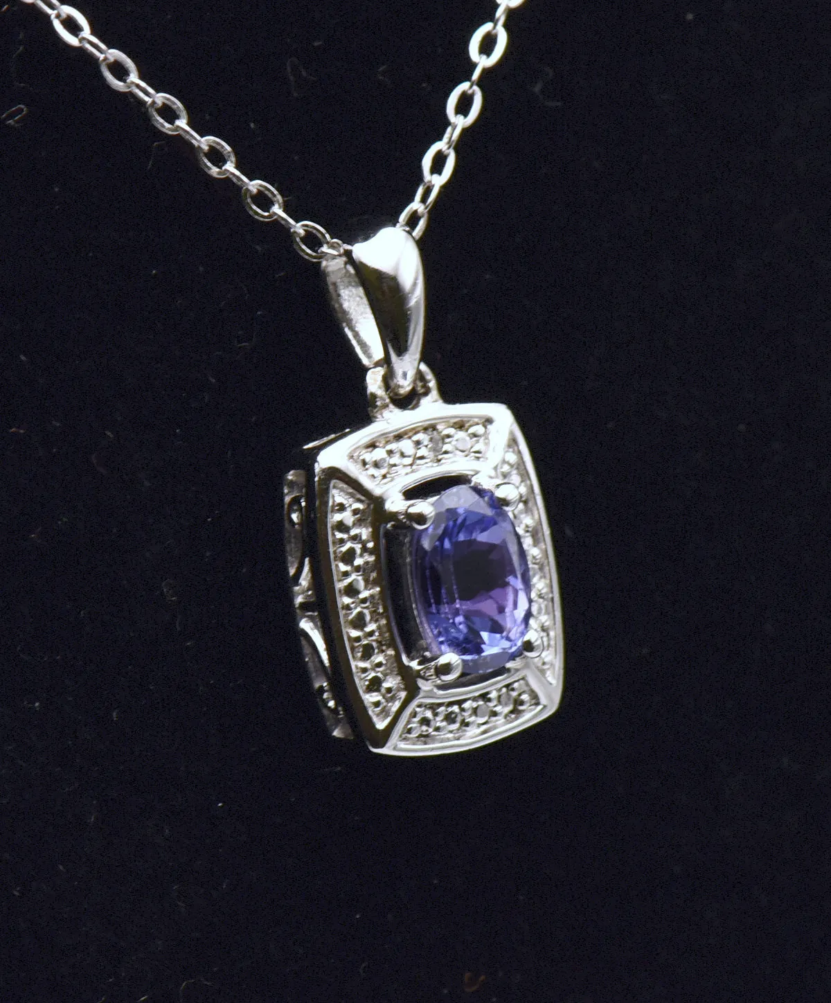 Vintage Tanzanite and Diamond Sterling Silver Pendant Necklace NOS - 17.5"