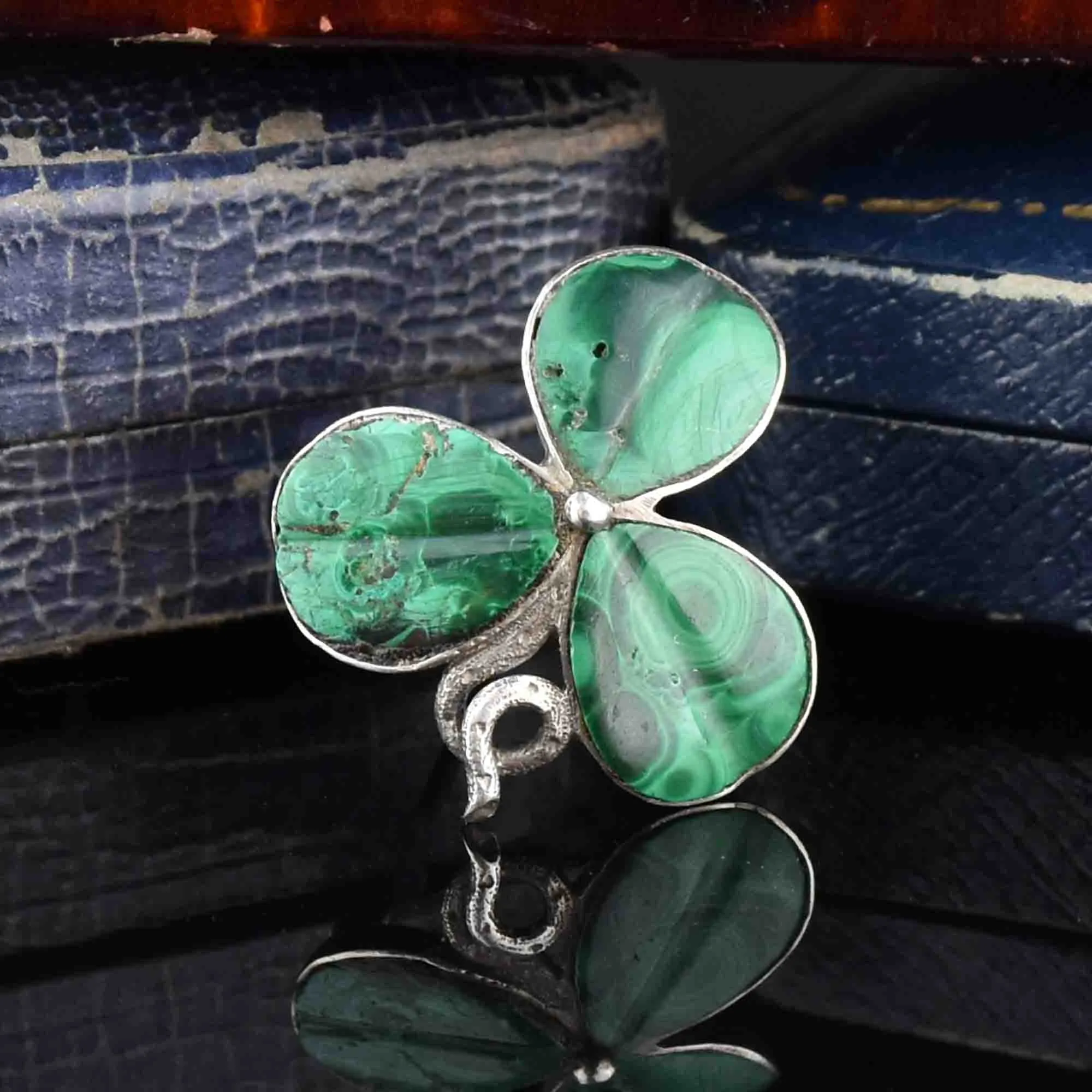 Vintage Victorian Silver Malachite Shamrock Brooch