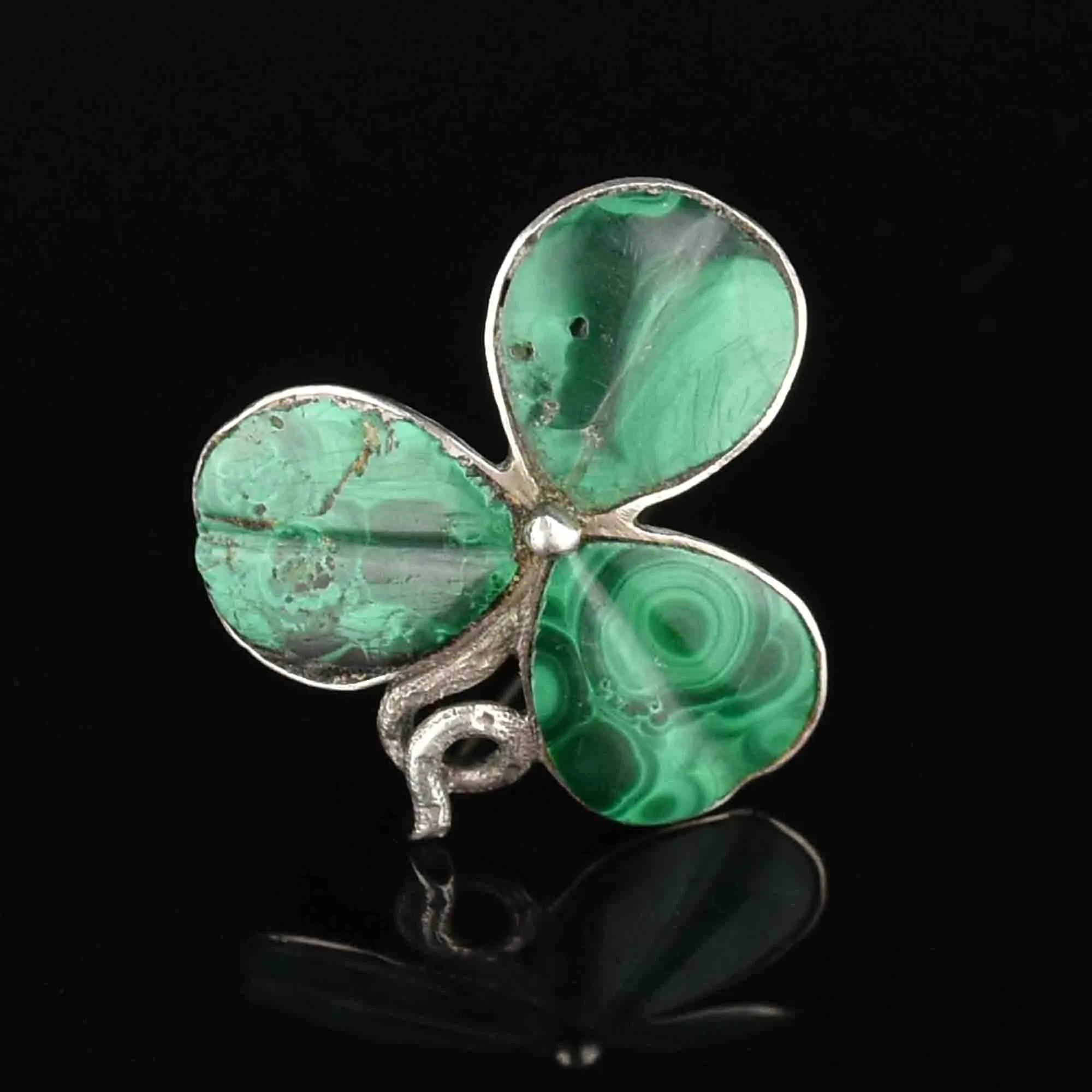 Vintage Victorian Silver Malachite Shamrock Brooch