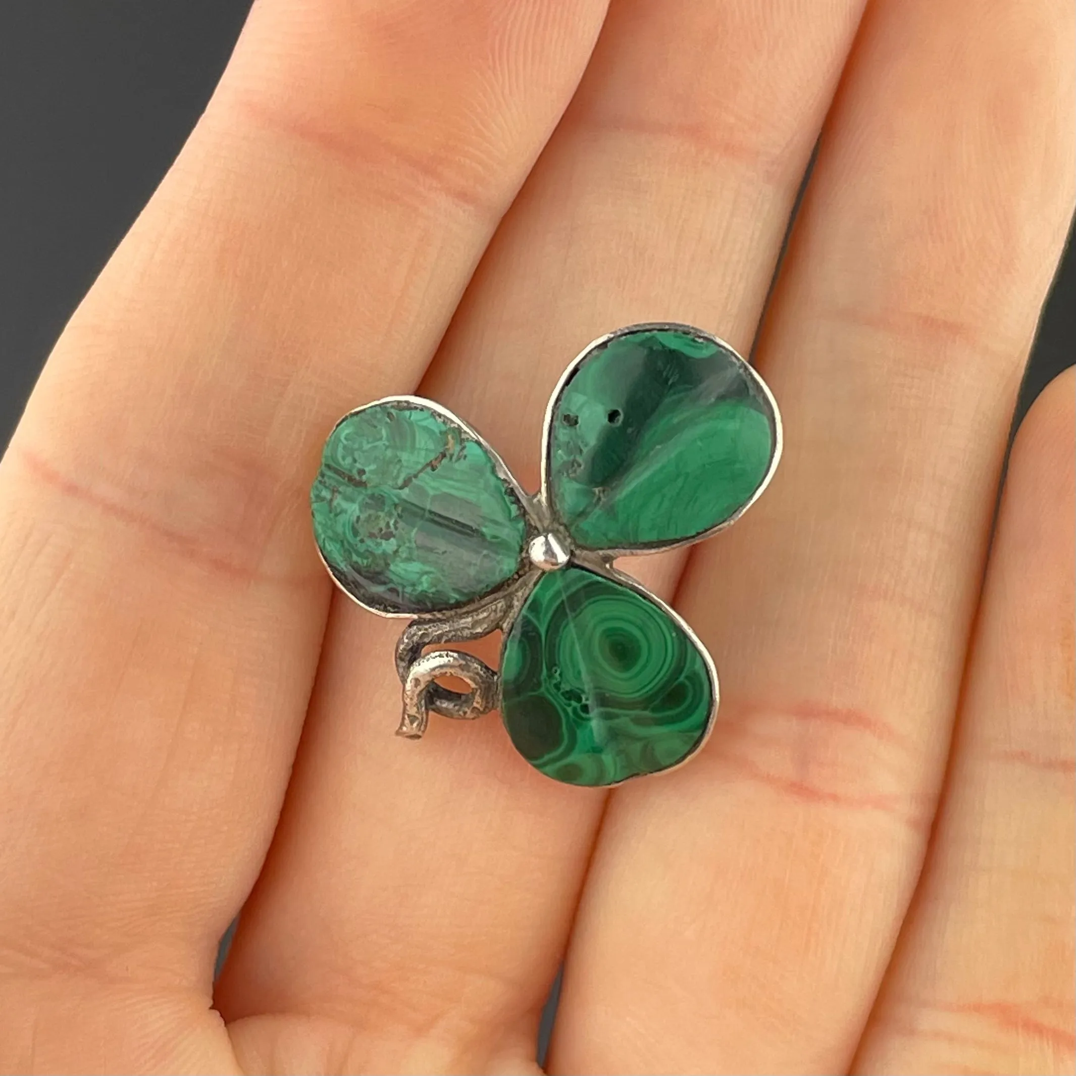 Vintage Victorian Silver Malachite Shamrock Brooch