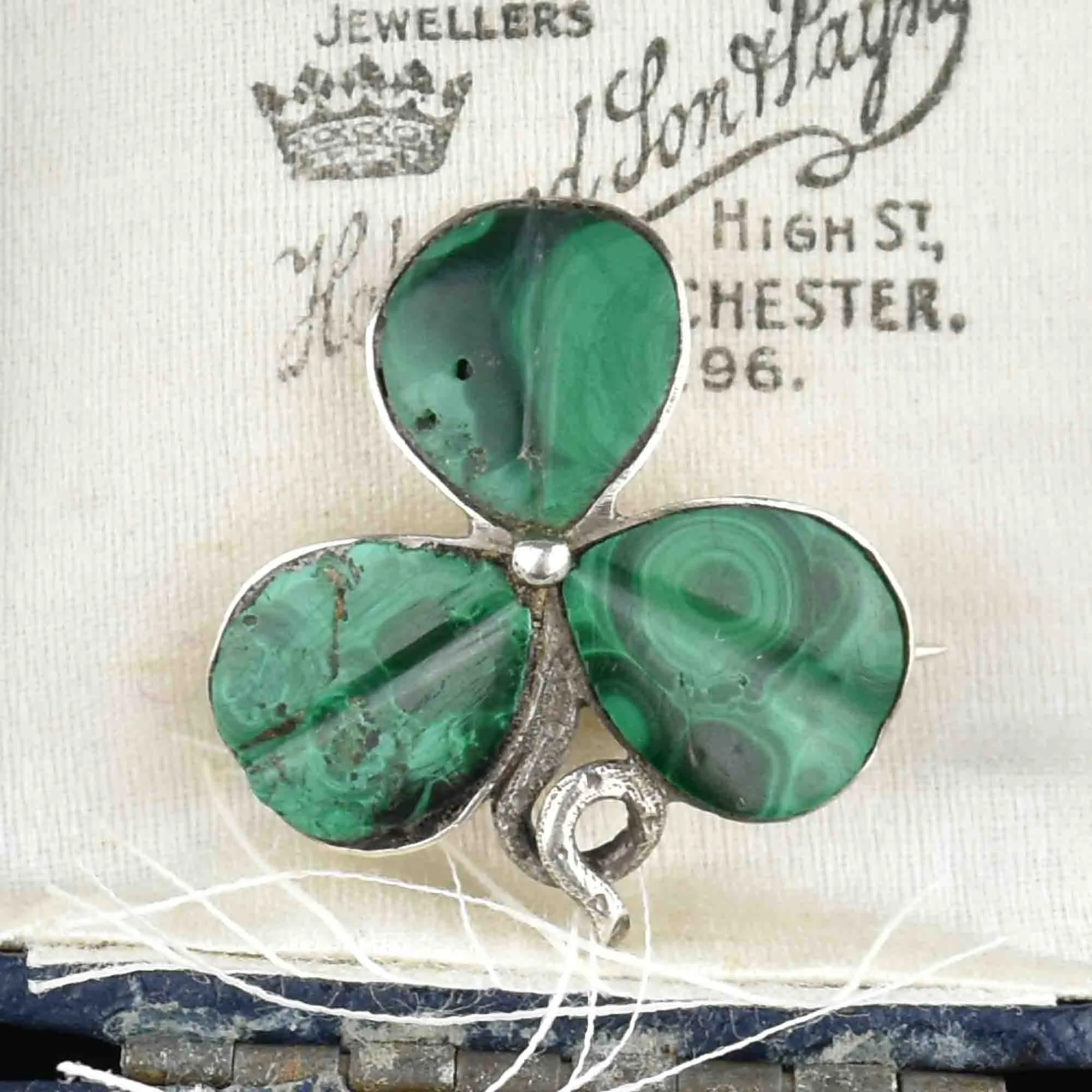 Vintage Victorian Silver Malachite Shamrock Brooch