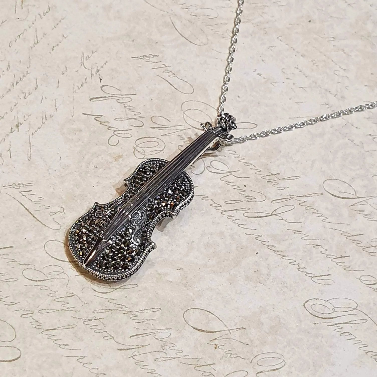 Violin Brooch Silver Marcasite Pendant