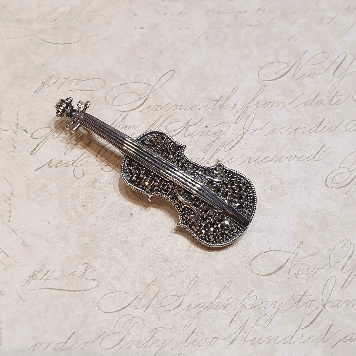 Violin Brooch Silver Marcasite Pendant