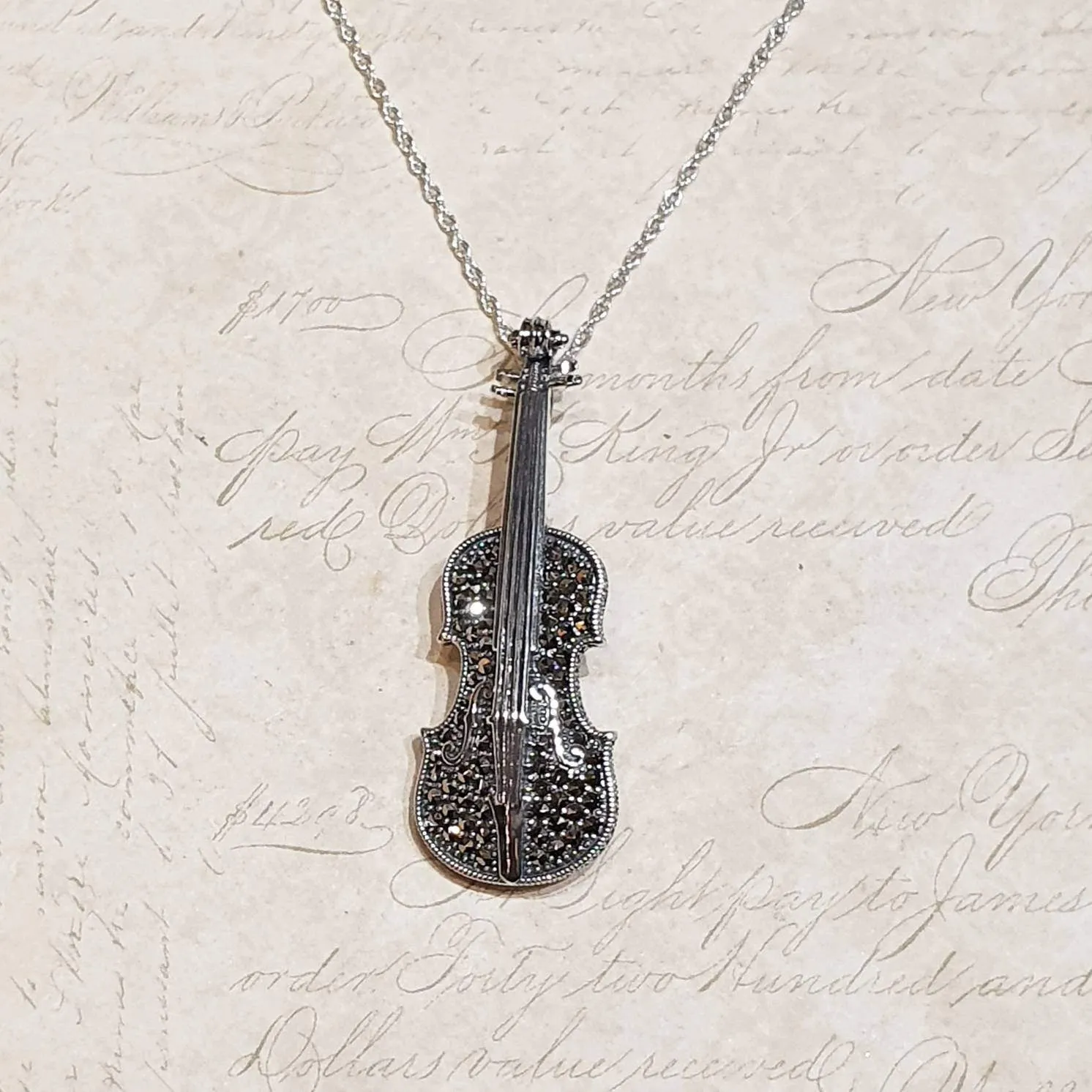 Violin Brooch Silver Marcasite Pendant