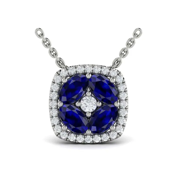 Vlora Adella Diamond Cushion Halo and Multi Oval Sapphire with Center Diamond Pendant Necklace in 14K White Gold