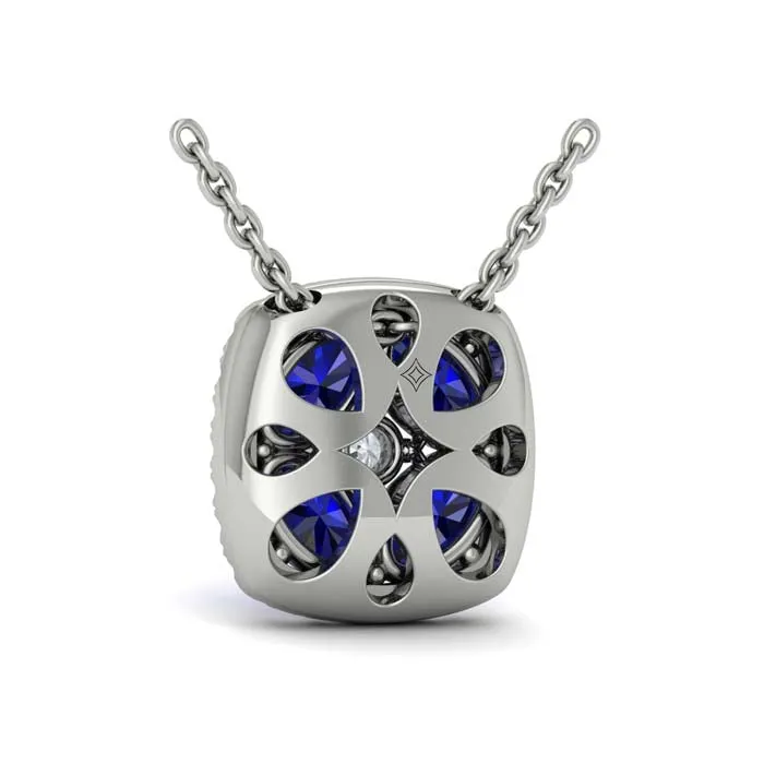 Vlora Adella Diamond Cushion Halo and Multi Oval Sapphire with Center Diamond Pendant Necklace in 14K White Gold