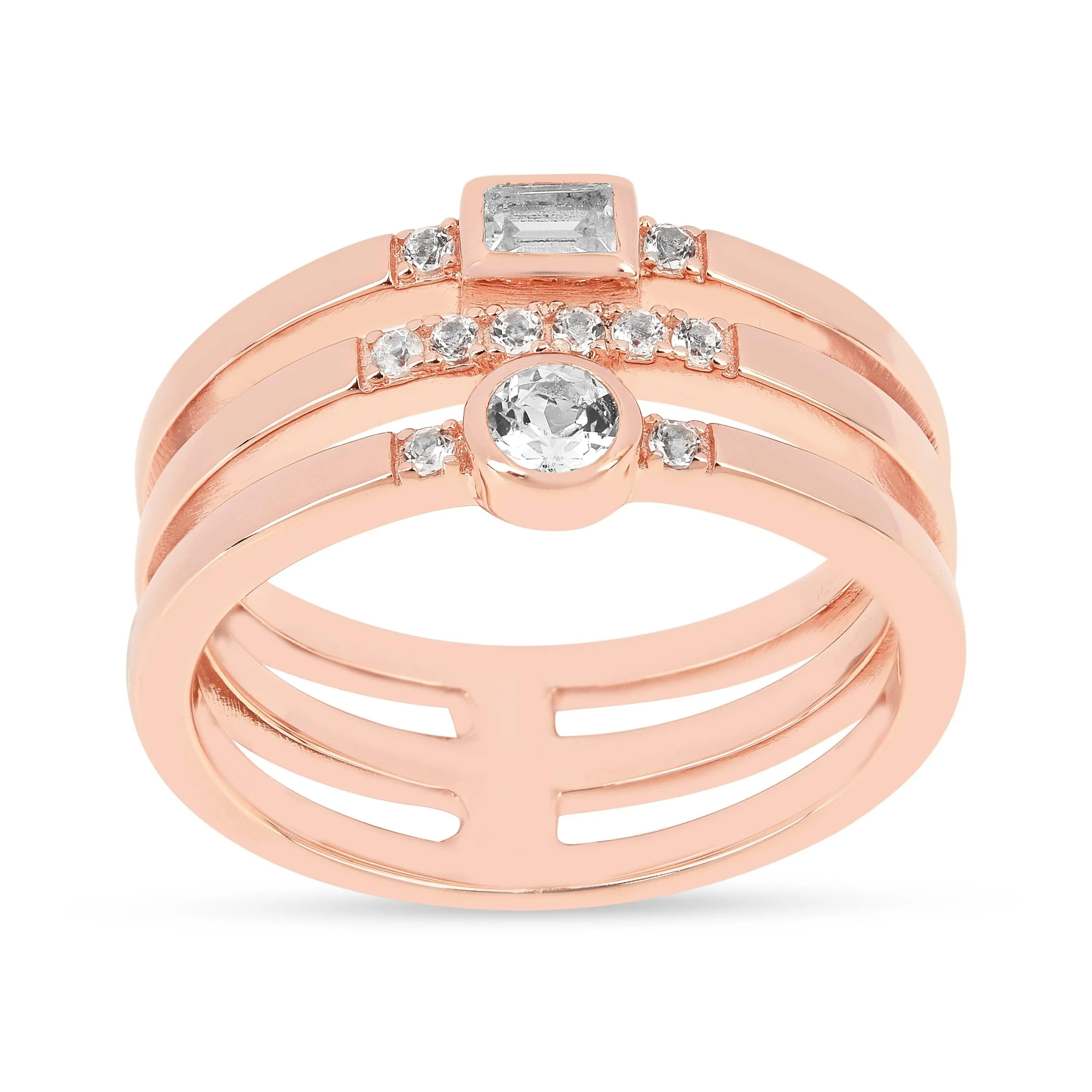 White Sapphire Rose Gold Three Band Fashion Ring