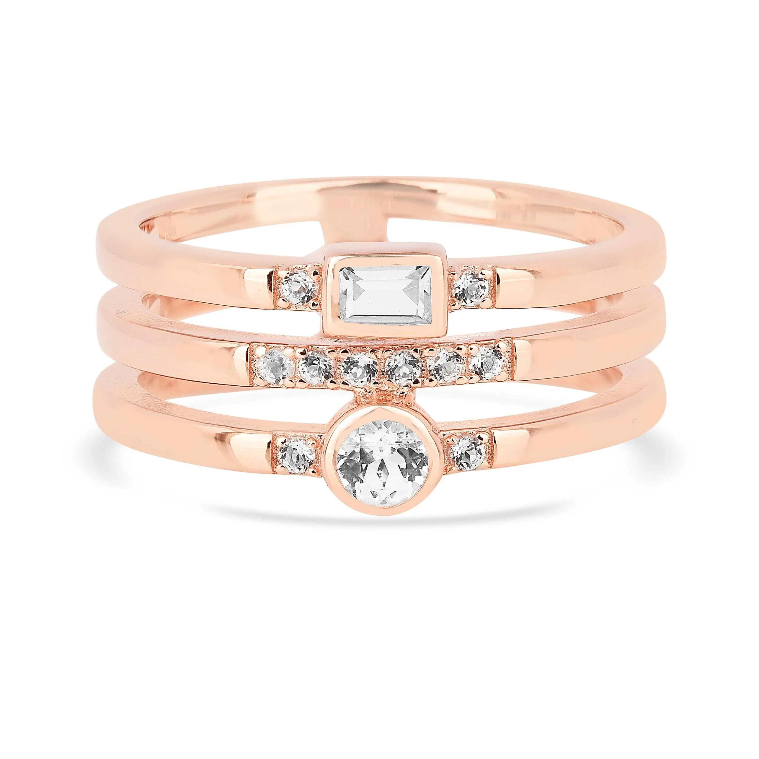 White Sapphire Rose Gold Three Band Fashion Ring