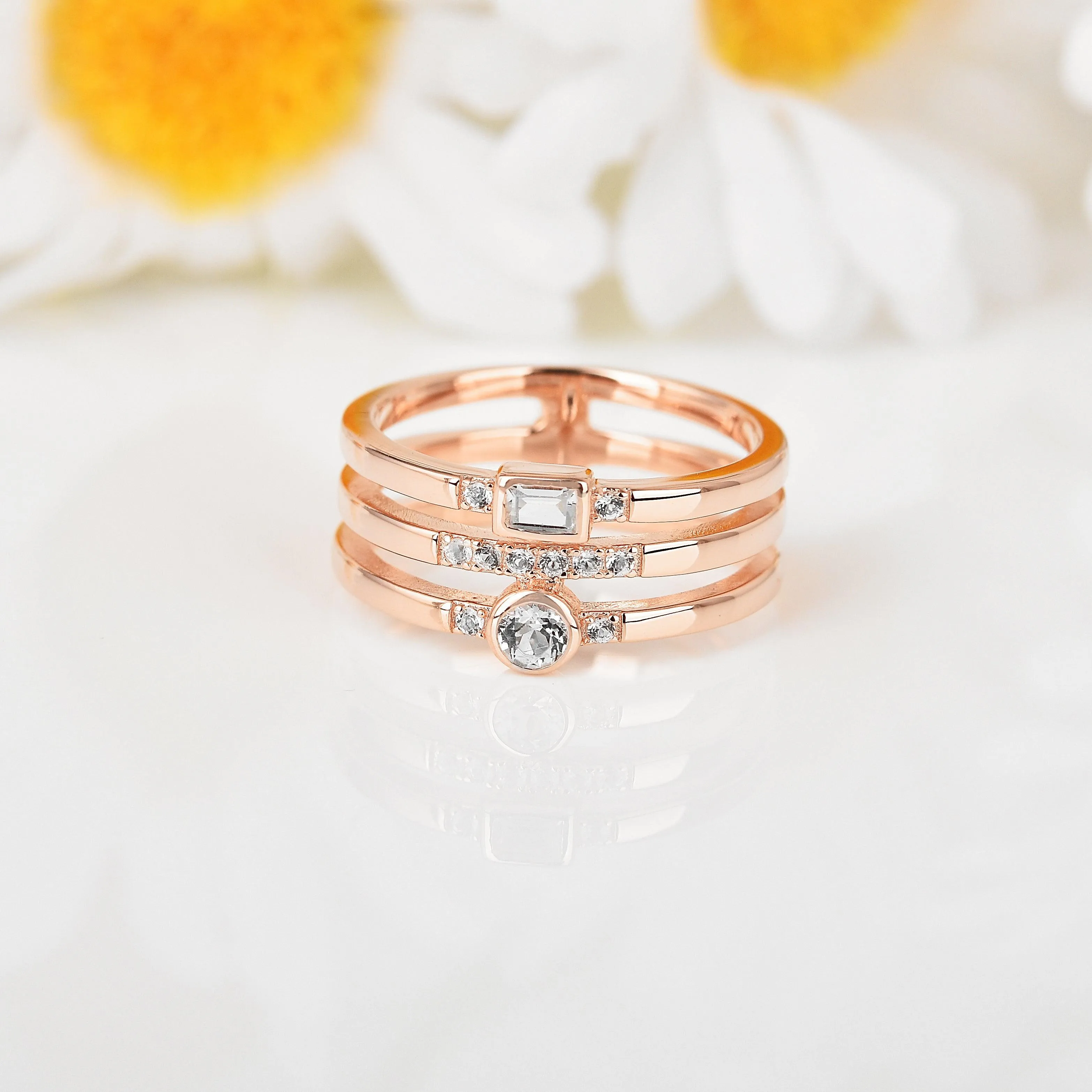 White Sapphire Rose Gold Three Band Fashion Ring