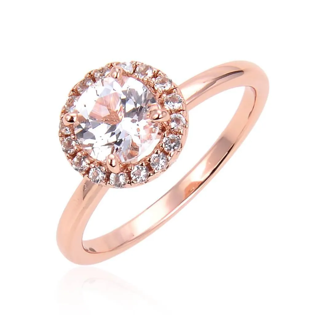 White Topaz Halo Engagement Ring in Rose Gold