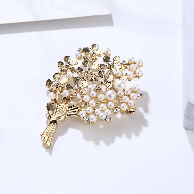 Women's Pearl Bouquet Of Gold Flowers Brooch