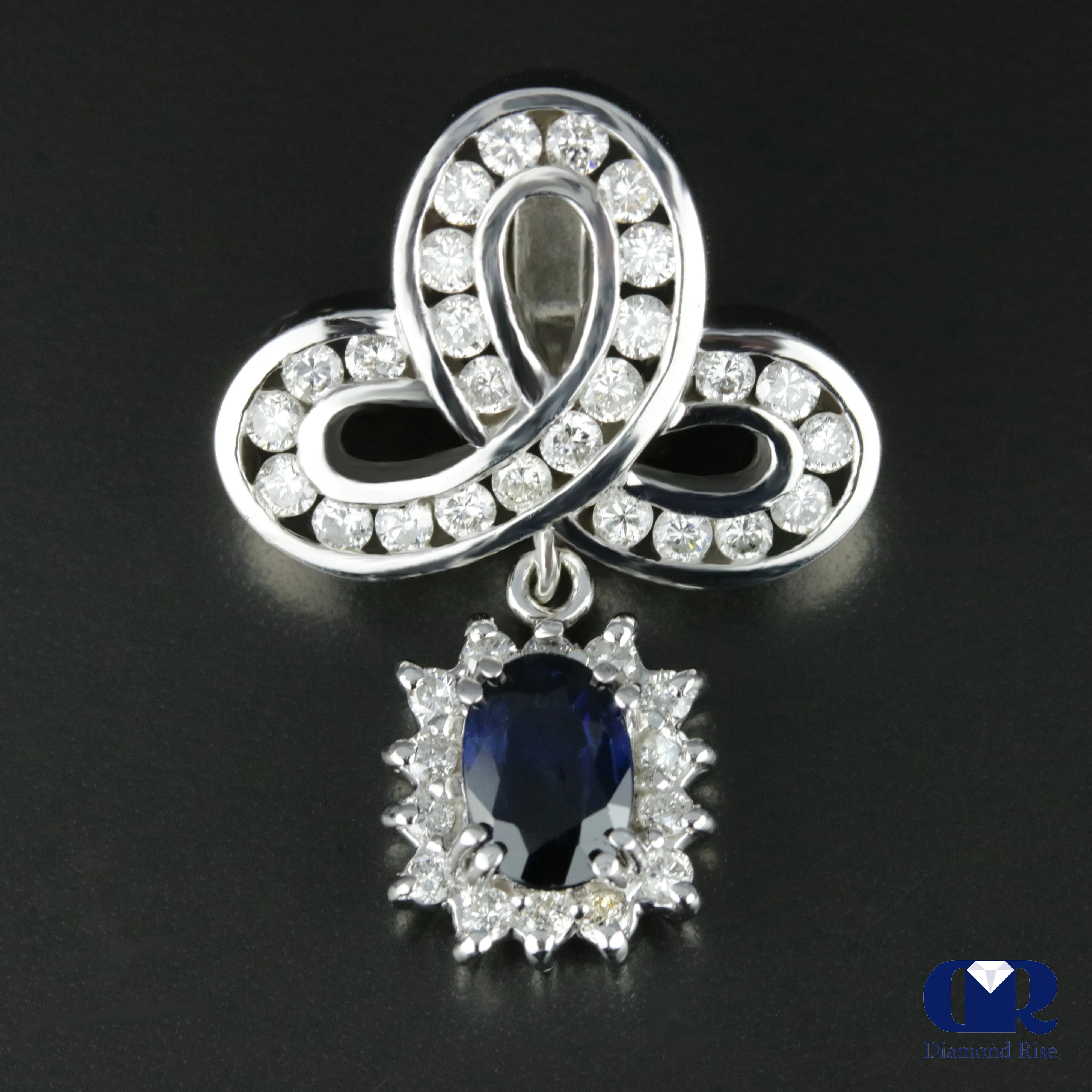 Women's Vintage Oval Sapphire & Diamond Slide Pendant Necklace 14K White Gold