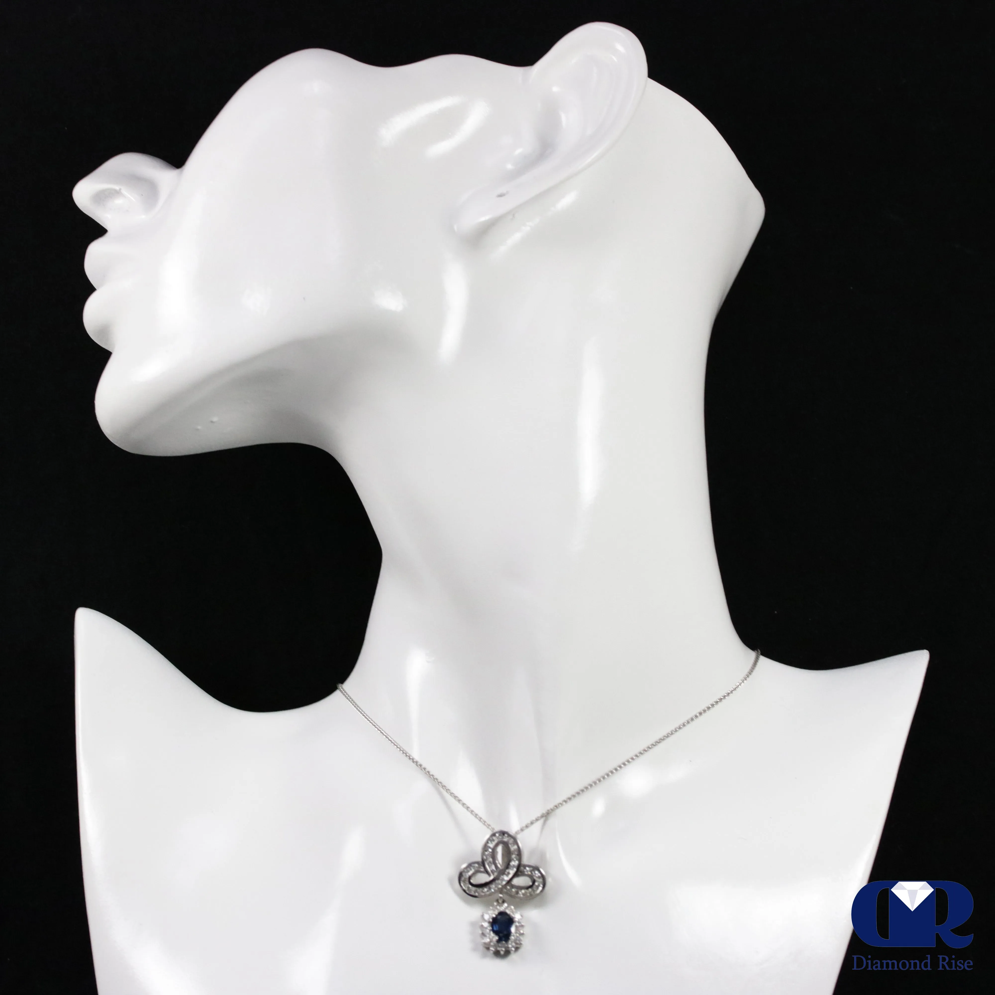 Women's Vintage Oval Sapphire & Diamond Slide Pendant Necklace 14K White Gold