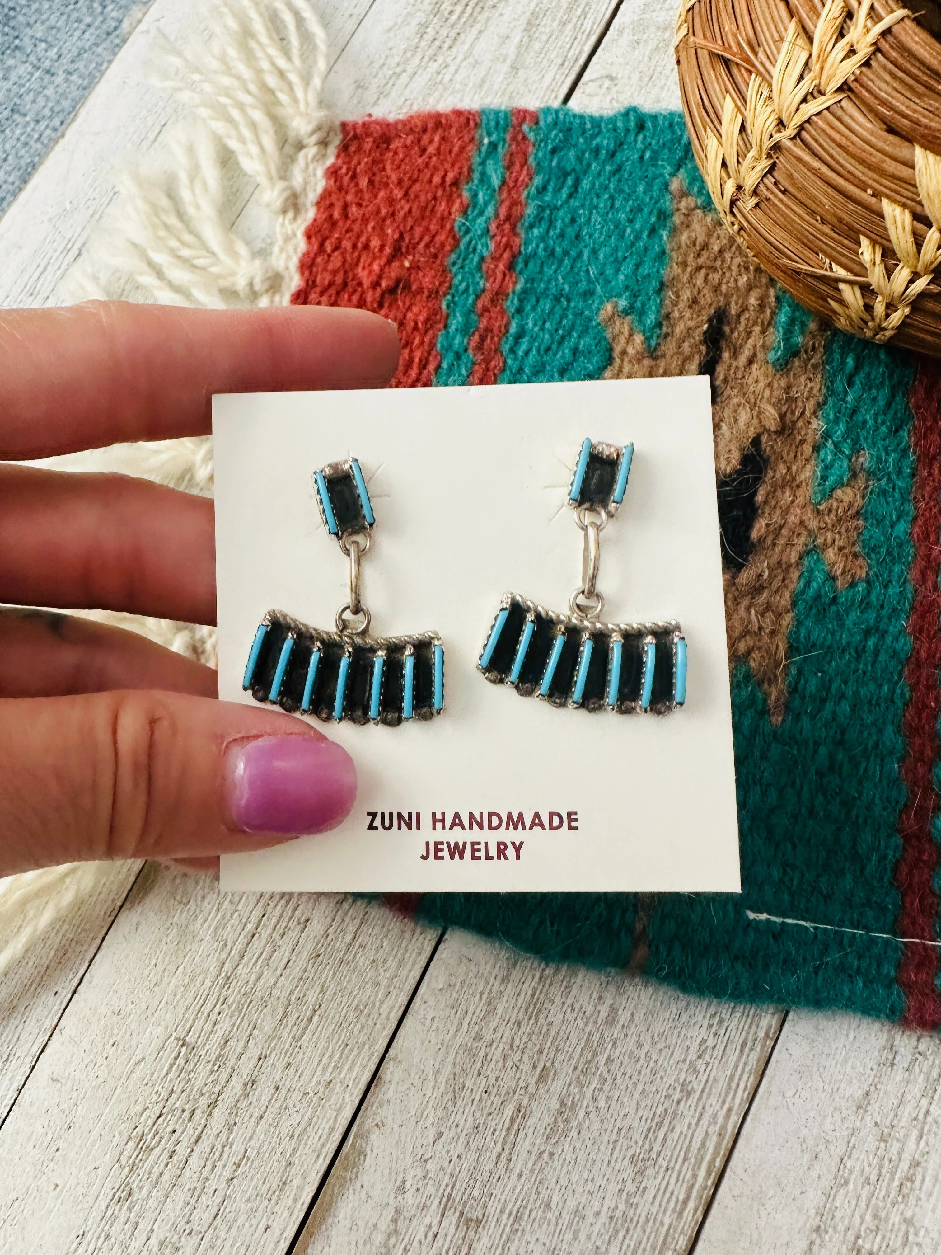 Zuni Turquoise & Sterling Silver Needlepoint Dangle Earrings